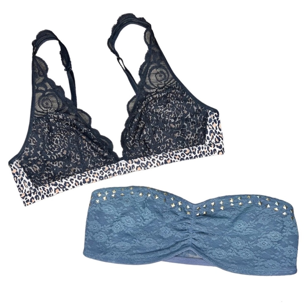 Victoria’s Secret PINK Black Leopard Bralette + Gray Stud Bandeau Bra Top, Small